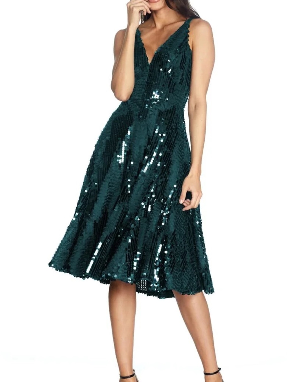 Dress the Population Teal Sequin V-Neck Midi Dress